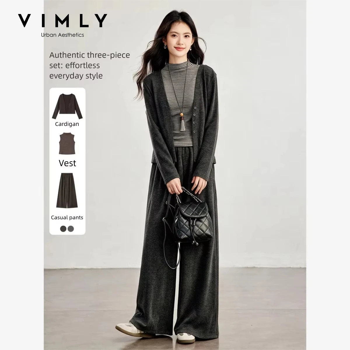 VIMLY Grey Three-piece Set for Women 2026 Autumn Striped Vest Long Sleeve Cardigan Wide-leg Baggy Pants Matching Outfit 32009