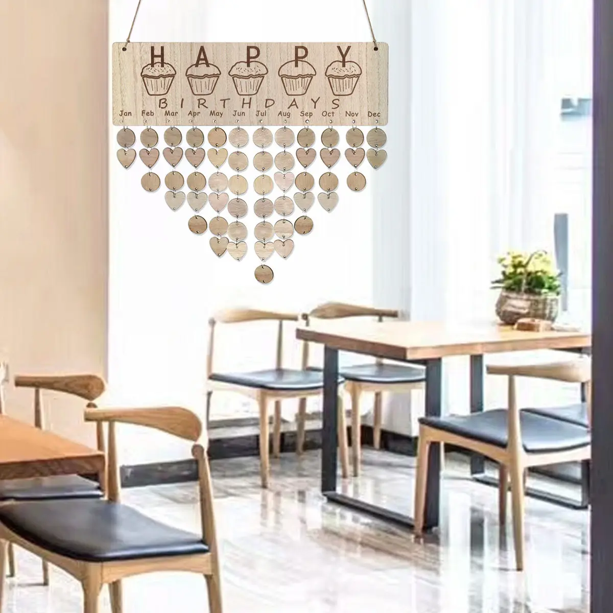 

Wooden Plaque Birthday Calendar Nordic Style DIY Hanging Decoration Includes Board Hanging Rope 50 Iron Rings 50 Wood Discs