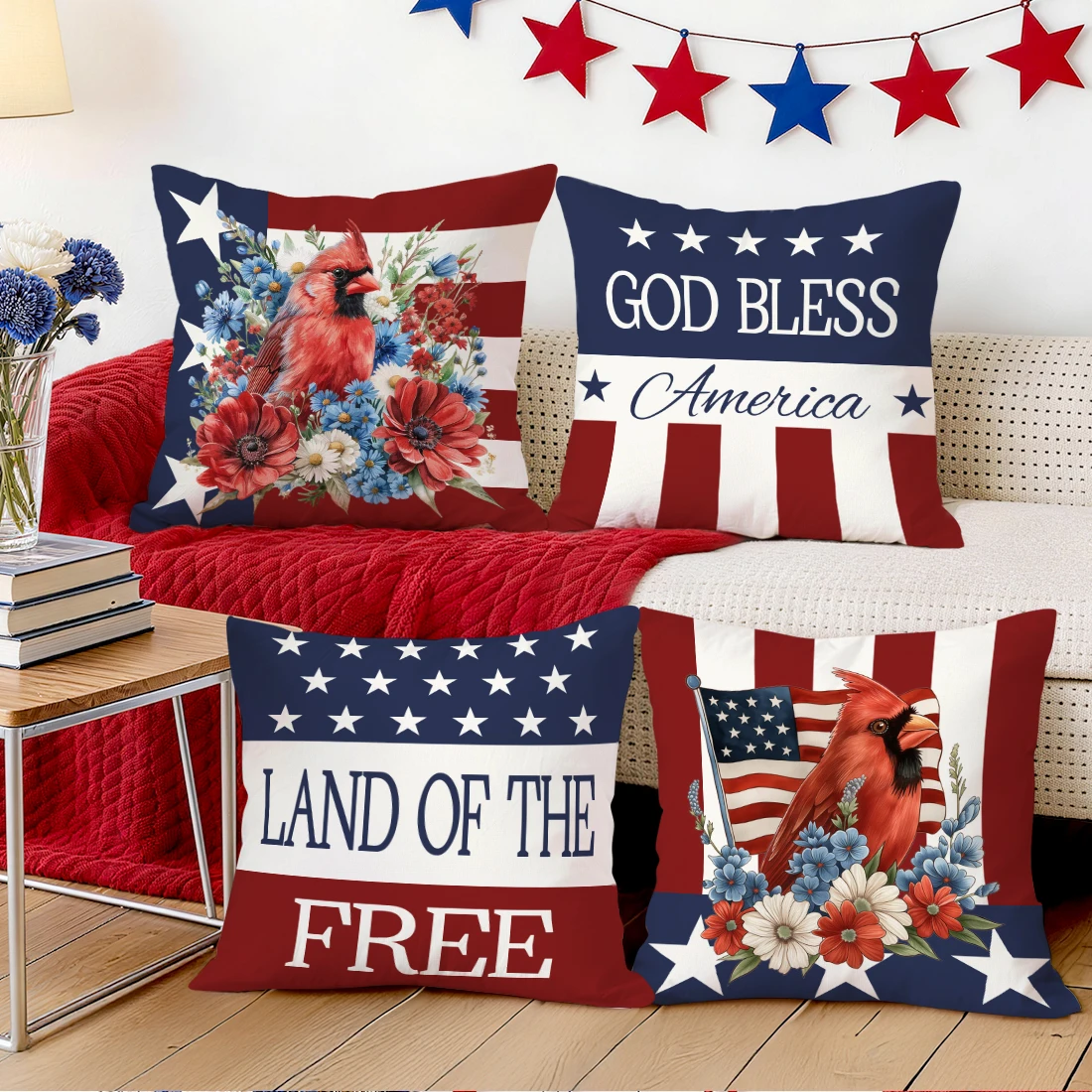 Independence Day Cardinal Striped Stars Cushions Pillowcase Polyester Cushion Cover Throw Pillow Pillowcover Home Car Sofa Decor