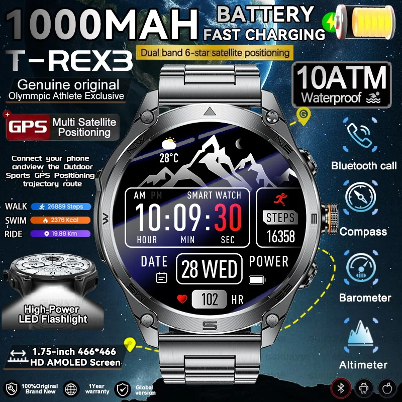 

2025 Новые спортивные умные часы для мужчин, GPS, фитнес-компас, светодиодный фонарик, 10 АТМ, водонепроницаемые, BT Call, умные часы для IOS Android