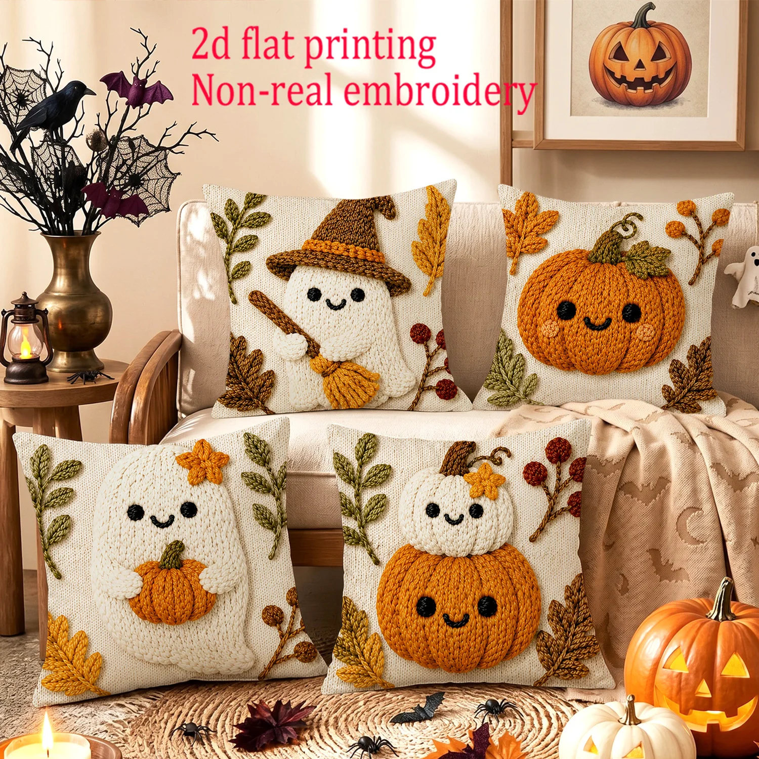 4pcs, 2D Flat Print Autumn Cartoon Halloween Rustic Throw Pillow Covers,  Cute Ghost Pumpkin Maple Leaf Cushion Covers