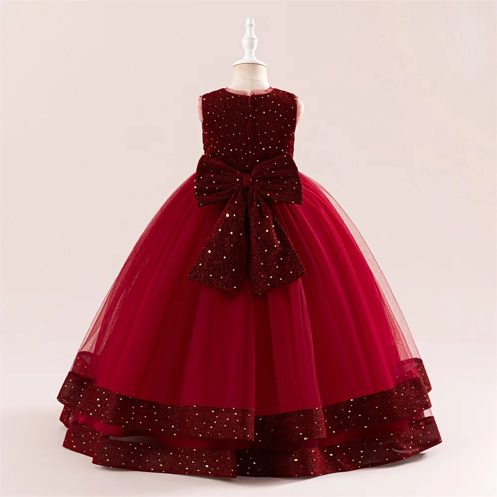 Teen Girls Sequin Shining Long Party Dress Kids Sleeveless Party Tutu Gown Girl Vintage Bow Evening Clothes Children Flash Wear