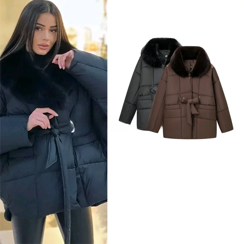 

Новая зимняя женская утепленная куртка с длинными рукавами, воротником, поясом и карманами, свободного кроя, из хлопка, с отложным воротником