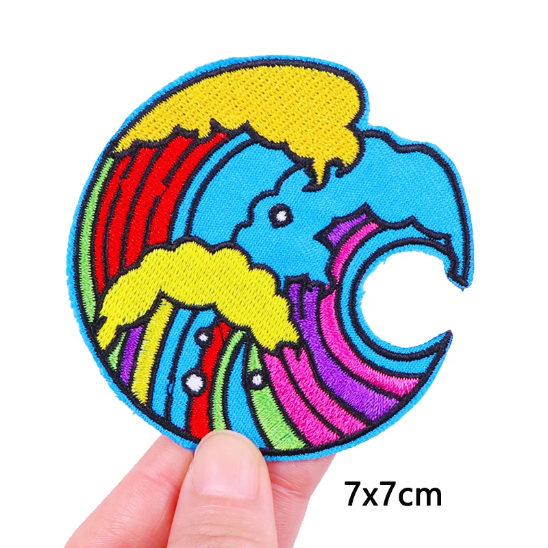 Outdoors Patches for Clothing Thermoadhesive Mountain Badges on Backpack Iron on Patches on Clothes Wave Shark Embroidered Patch
