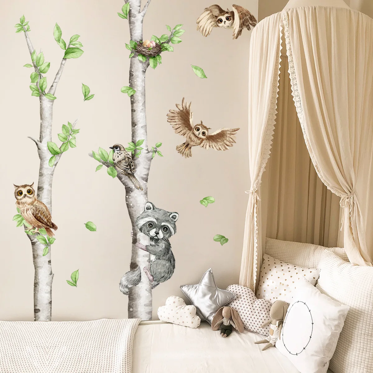 

2pcs Cartoon White Birch Small Raccoon Owl Wall Sticker Children's Room Home Decoration Mural Wall Sticker Wallpapers Atw6103