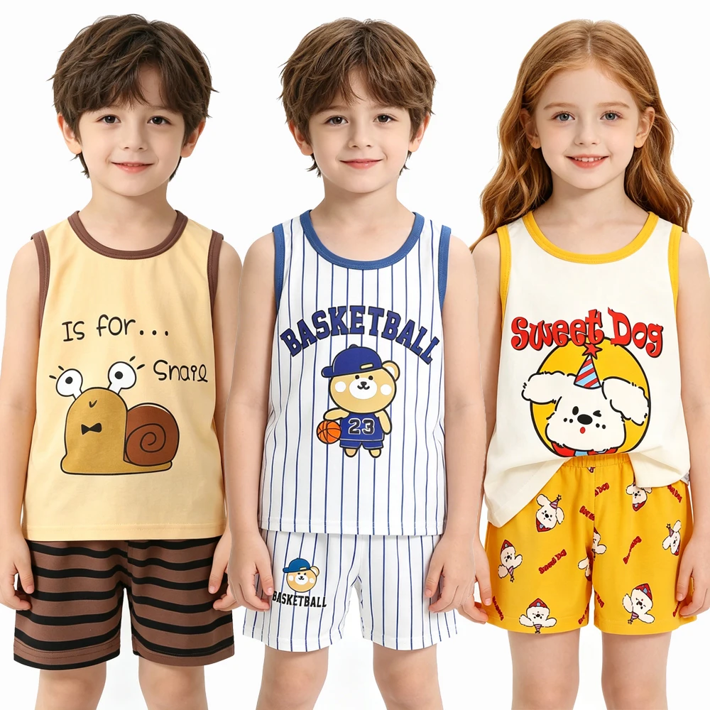 Cute Cartoon Shark Giraffe Dog Print Toddler Sleeveless Tank Shorts Set 100% Cotton Kids Summer Home Clothes Boys Girls Clothing