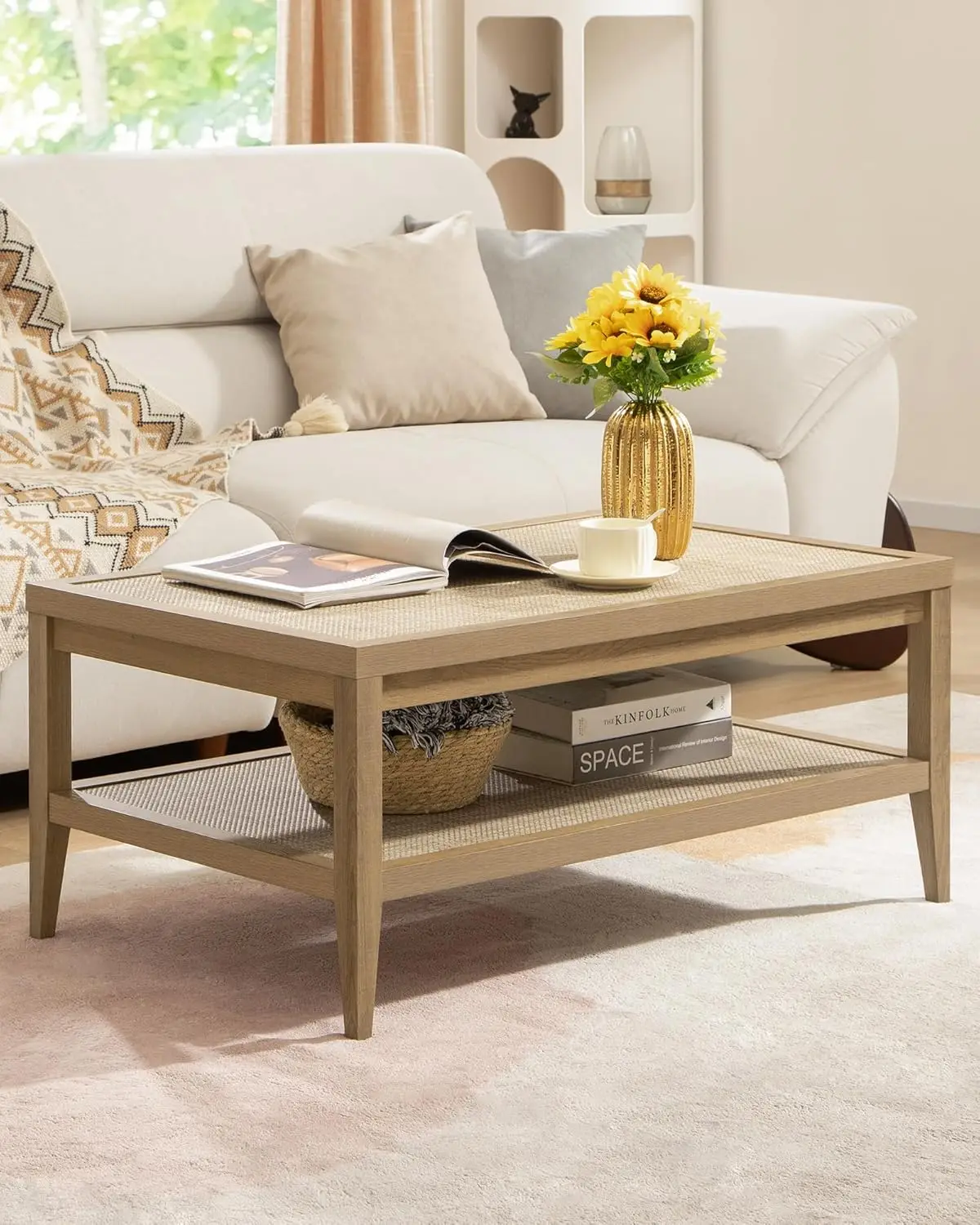 Rattan Coffee Table for Living Room - Boho Rectangle Center Tables with 2-Tier Rattan Storage Shelves - Accent Sofa Side Table