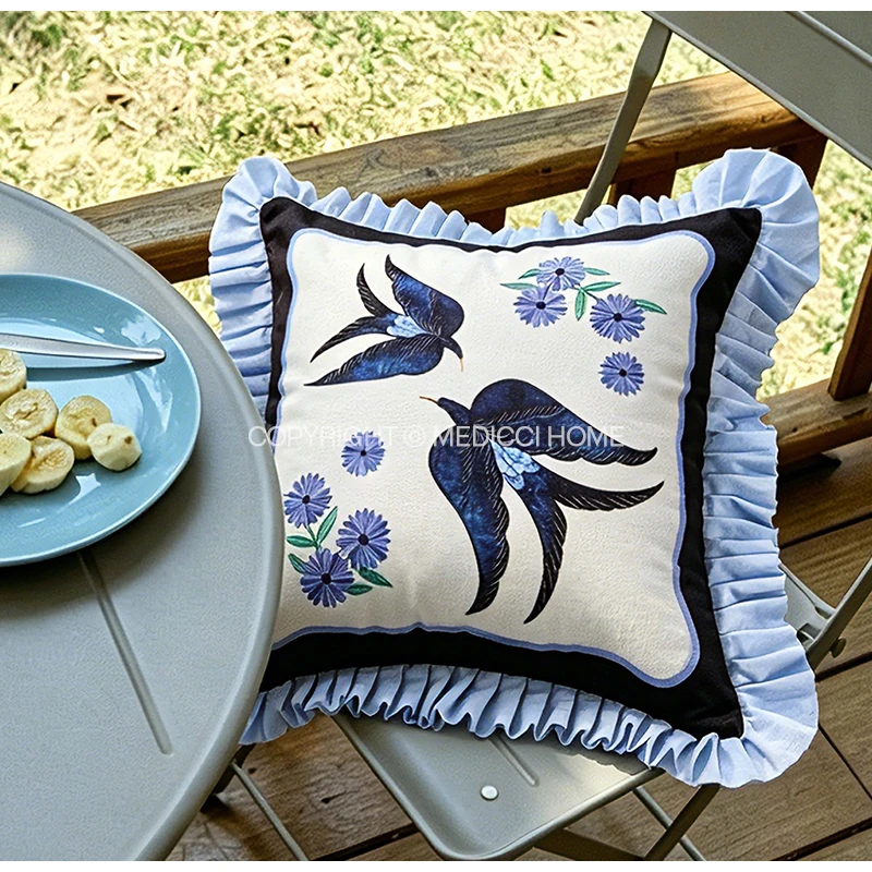 Medicci Home Blue Swallow Bird Decorative Throw Pillow Cover Ruffed Fringing Luxury Velvet Cushion Case Retro Living Room Decor