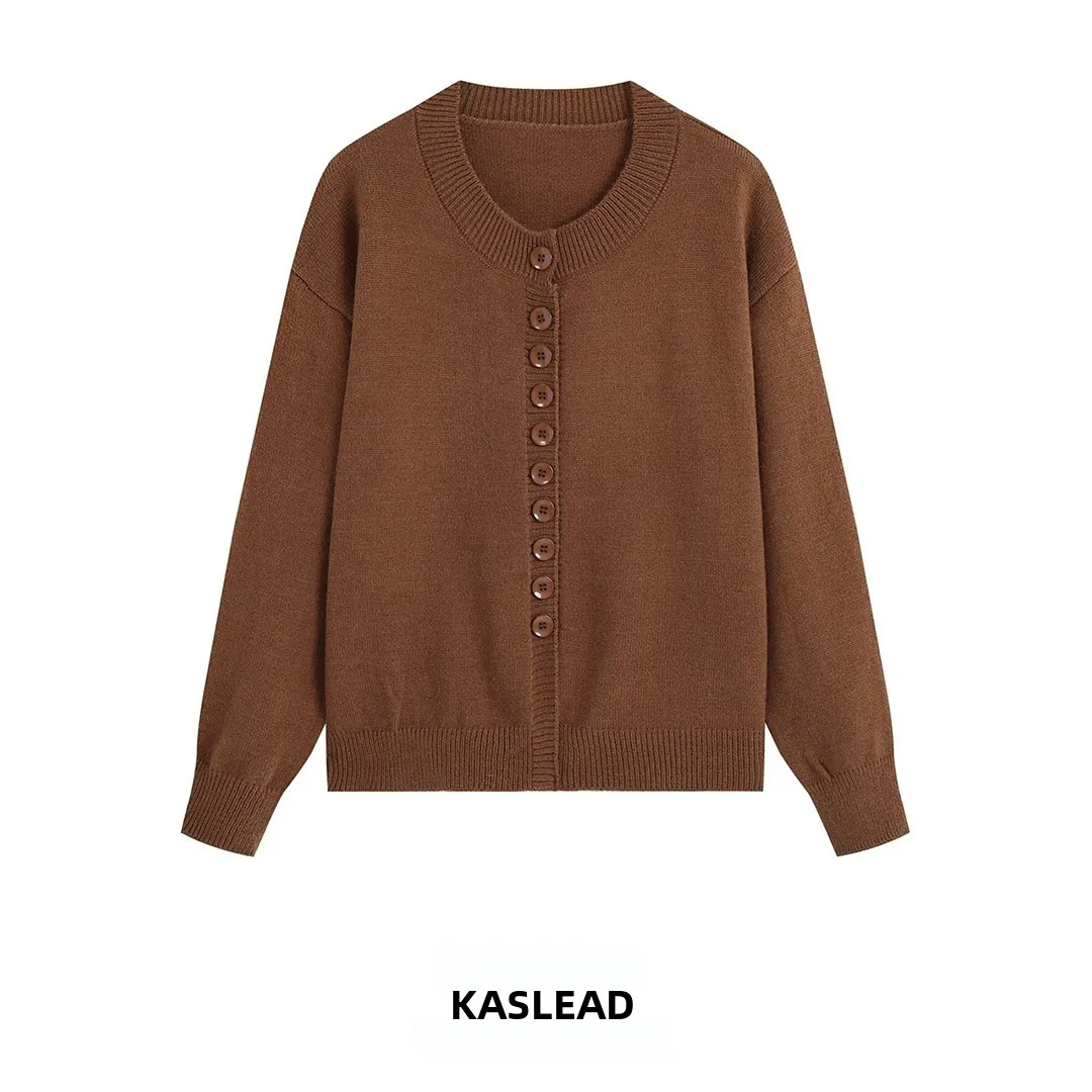 KASLEAD New Women's High-End Pure Color Brown Knitted Open Cardigan Multi-Buckled Long Sleeve Polyester Fiber European Style