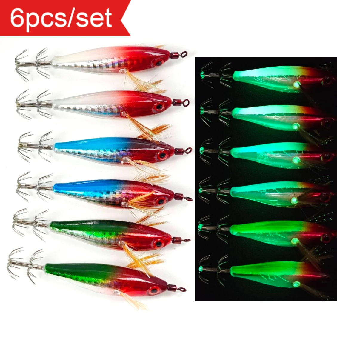 

6pcs UV Horizontal Squid Jig Egi Set 8cmLuminous Wood Shrimp Fishing Lure Glow Cuttlefish Octopus Jig Saltwater Tackle Set