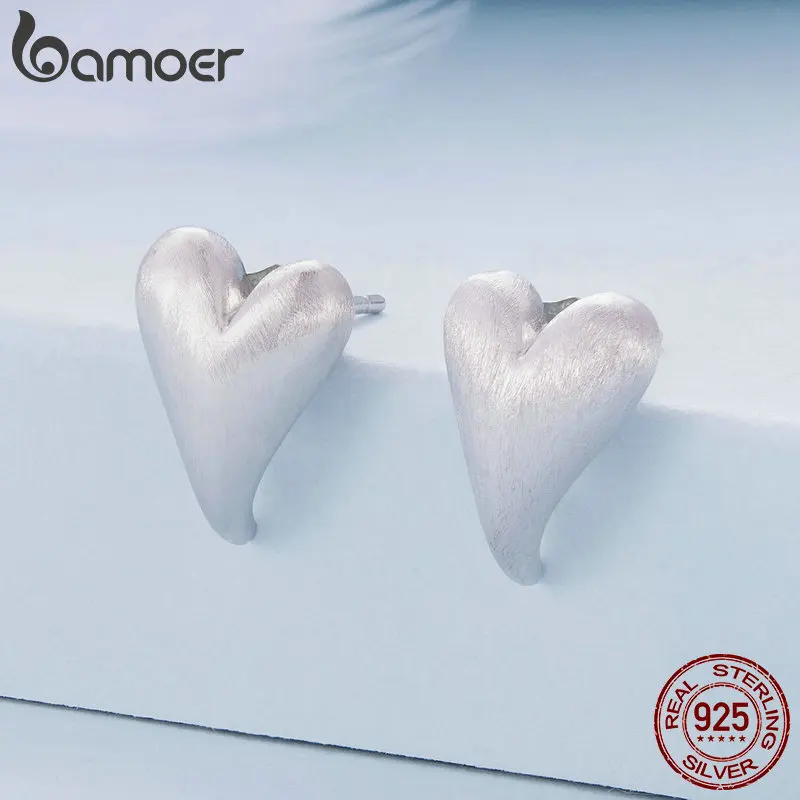 Bamoer 925 Sterling Silver Heart Stud Earrings Platinum Plated for Women Engagement Anniversary Gift Fine Jewelry BSE916