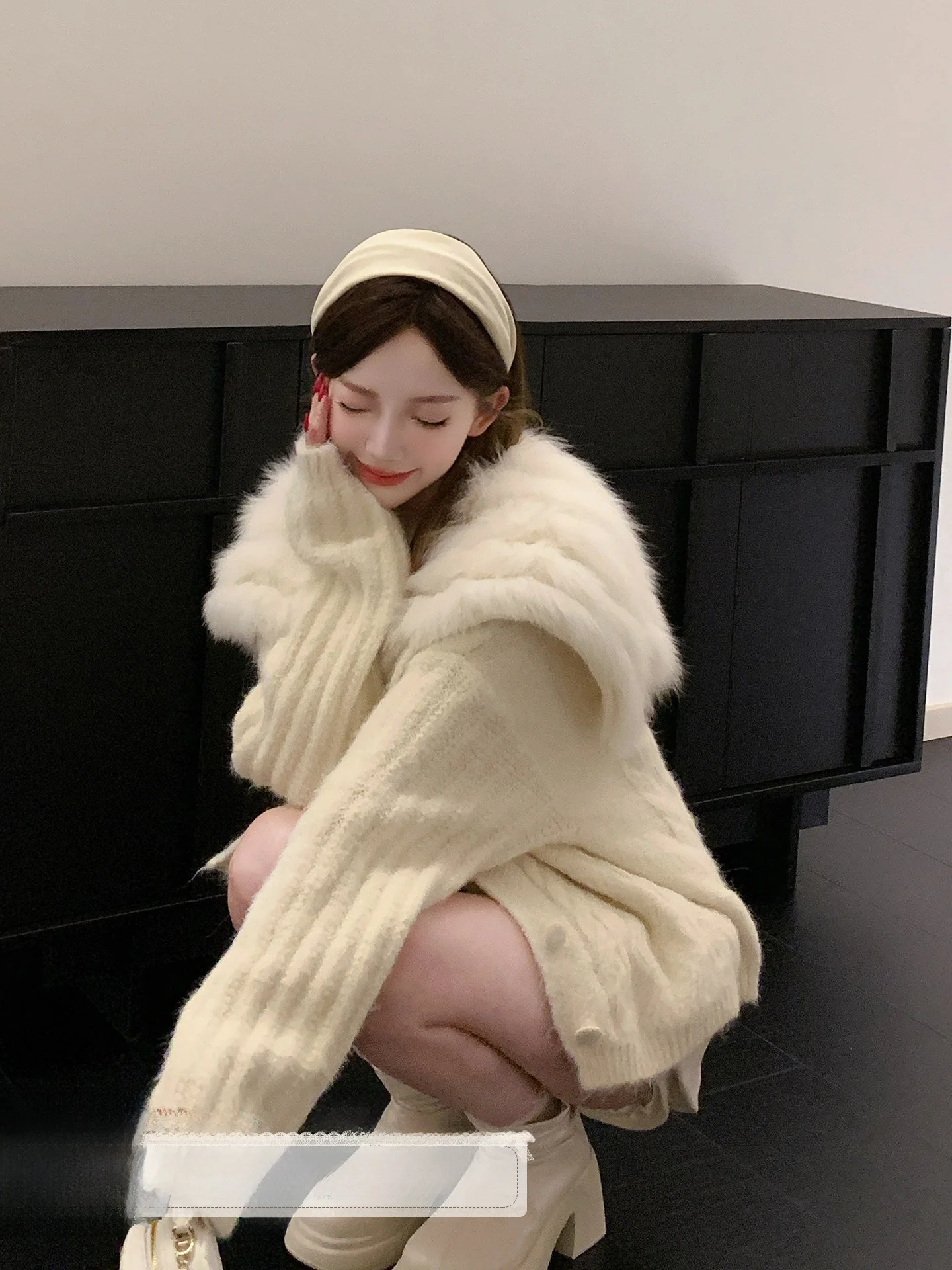 

Heavyweight Fur Collar Knitted Open Cardigan Loose Sweater Warmth Emitting Sweet Sle Long Sve Autumn Faion for Women