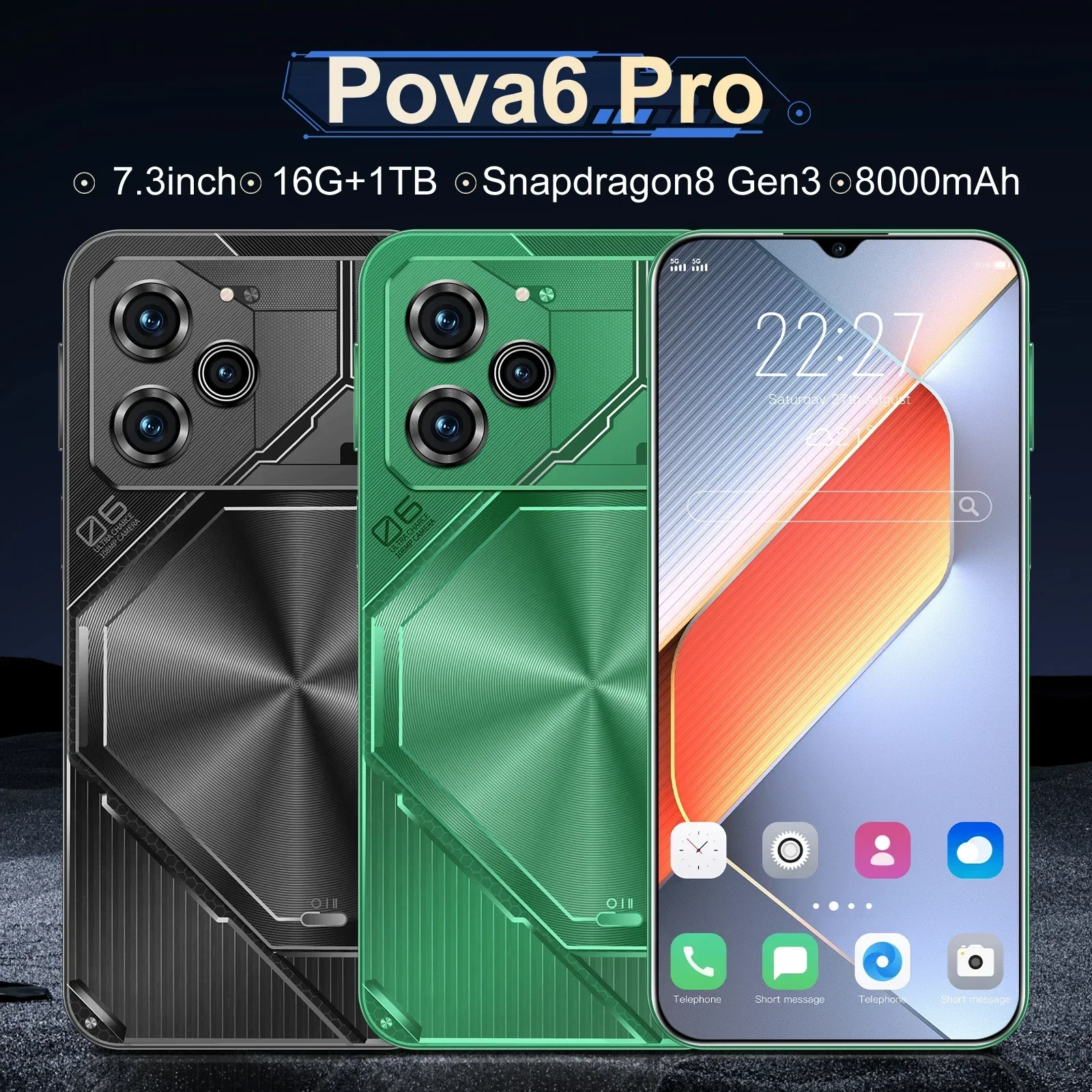 Новинка, смартфон глобальная версия Pova 6 Pro, 16 ГБ + 1 ТБ, 7,3 дюйма, HD +, Android 13, snapdeag8 Gen3, 8000 мАч, телефон с двумя SIM-картами, 72 Мп + МП