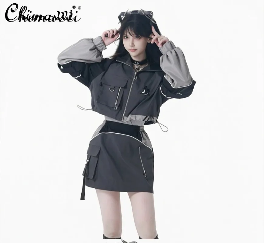 Autumn New Japanese Functional Style Subculture Girls Women Outfits Gothic Embroidery Patchwork Hooded Jacket Mini Skirt Pants