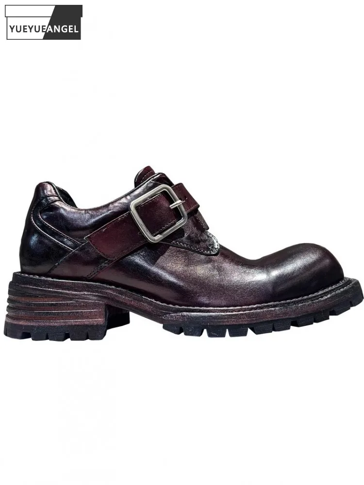 

British Style Mens Genuine Leather Dress Shoes Designer Handmade Vintage Business Casual Men Buckle Strap Platform Derby Shoes