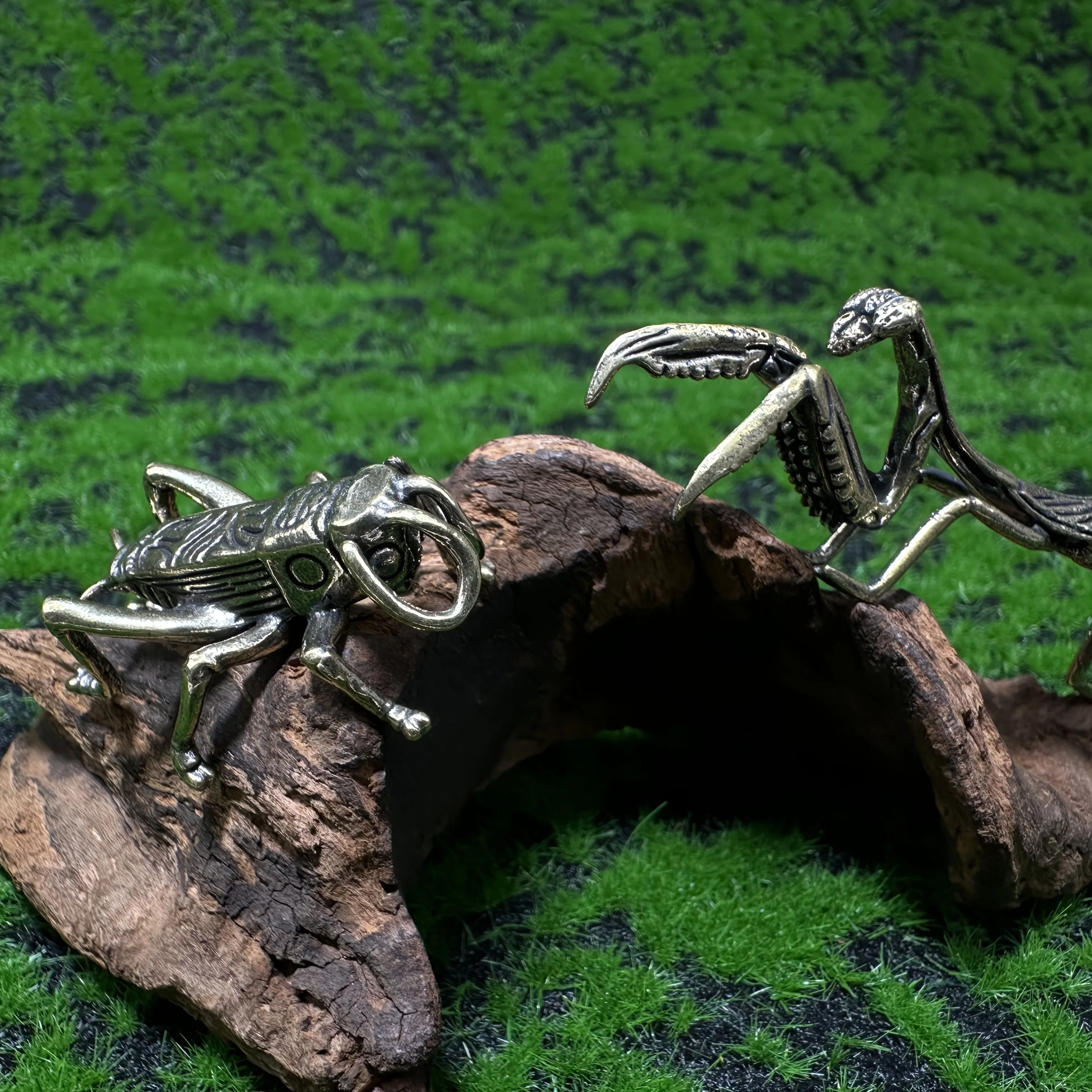 2 classic brass mantis and cricket ornaments, insect animal theme, perfect for home