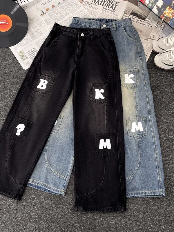

Мужские джинсы с принтом, средняя посадка, прямой крой, в американском стиле, повседневные, широкие, длинные брюки, осенняя коллекция, бренд Vibe Decon...
