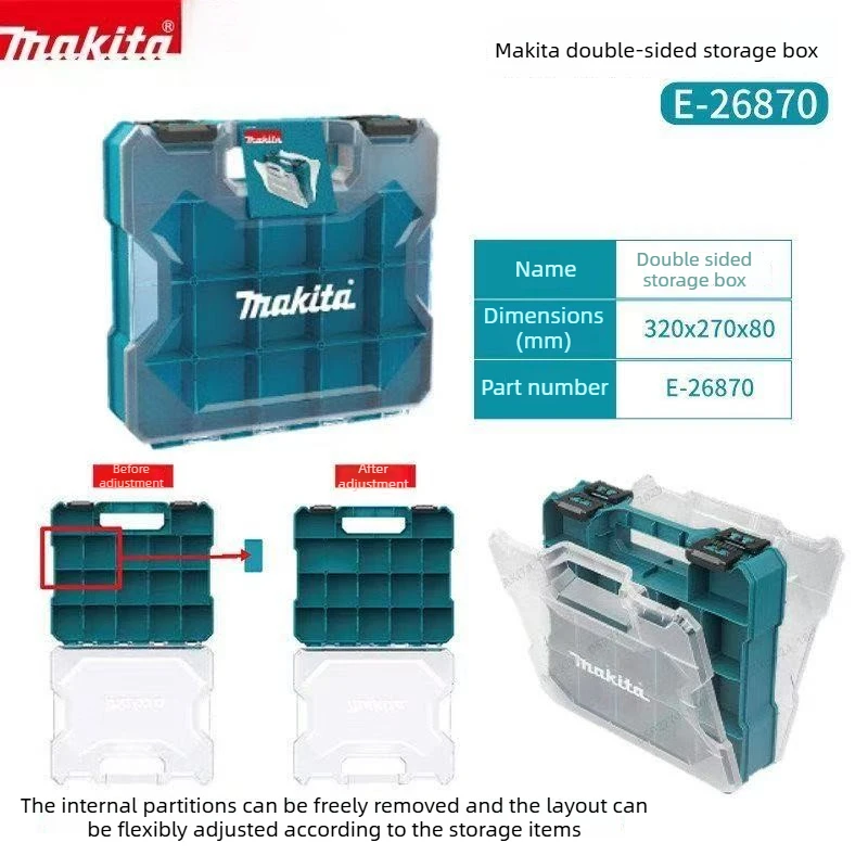 Makita E‑26870 Double Sided Hardware Storage Box 36‑Slot Transparent Organizer Dual‑Sided Access for Screws Nails Drill Bits