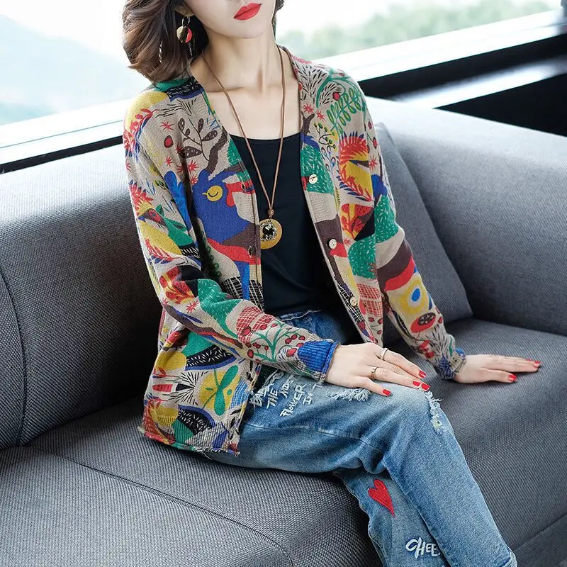 Spring Autumn V-Neck Cardigan Vintage Printed Single-breasted Fashion Long Sleeve Elegant Loose Knitted Sweaters Female Clothing