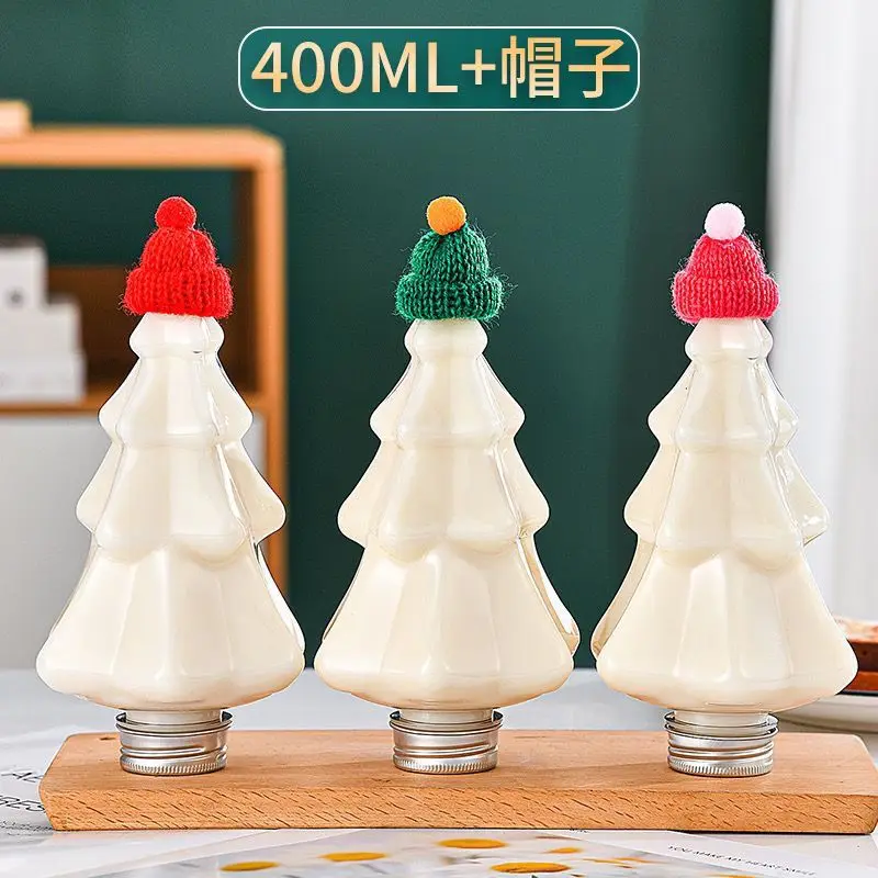 400ml 10 Pcs Christmas Tree Plastic Bottles With Lid Creative Hat Scarf Decor Transparent Drink Beverage Container Coffee Juice