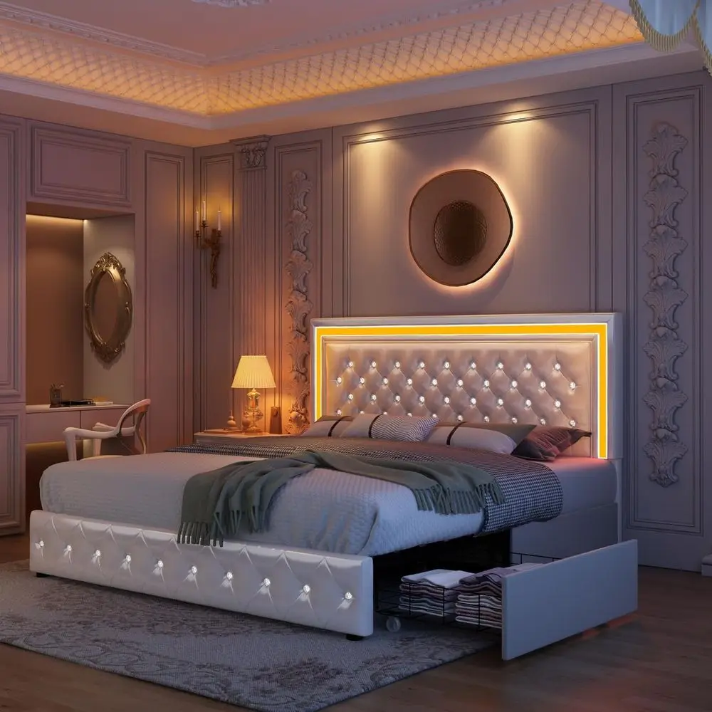 

Кровать размера «queen-size» со светодиодной подсветкой и 4 ящиками для хранения, пружина коробки не требуется, вместимость 900 фунтов, простая сборка, белая искусственная кожа