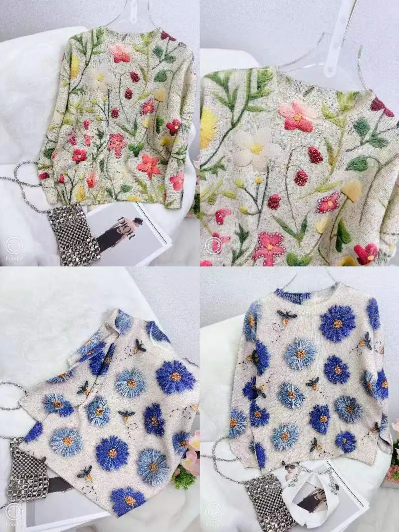 Floral Print Sweaters Autumn Winter Harajuku Knitwears Pullover Female Casual Wool Blend Jumper Long Sleeve Loose Furry Tops