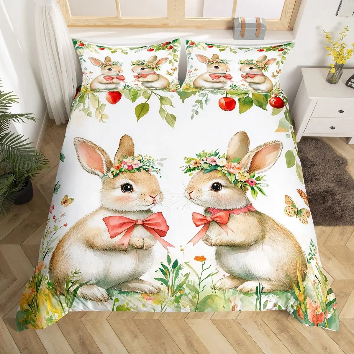 Kawaii Pet Rabbit Duvet Cover Set Full King Spring Botanical Leaves Bedding Set Easter Bunnies Couple Bowknot Print Quilt Cover