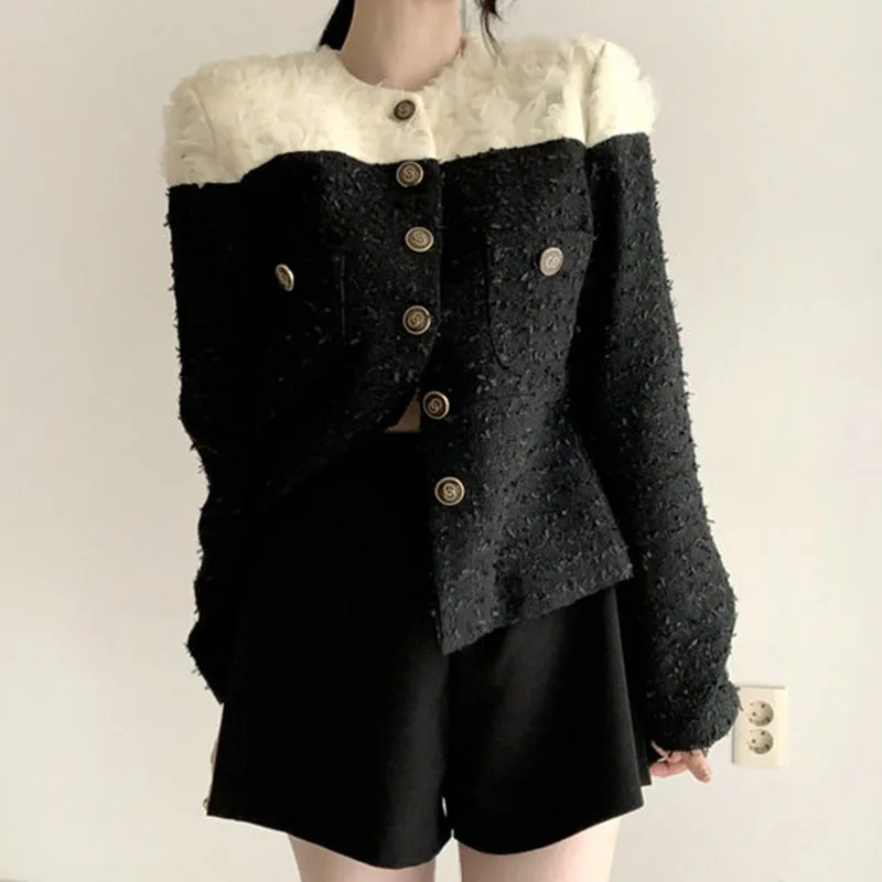 

Office Ladies Fashion Tweed Jacket Single Breasted Patchwork Flowers Elegant Short Coat Vintage Spring Autumn Women Outerwear