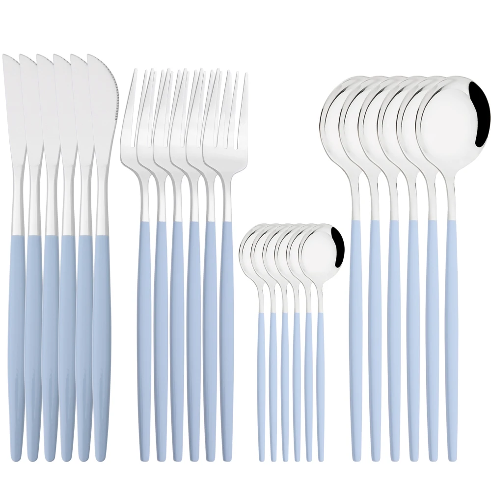 

Grey Blue Silver 24Pcs Dinnerware Set Stainless Steel Tableware Knife Fork Coffee Spoons Cutlery Set Western Kitchen Flatware