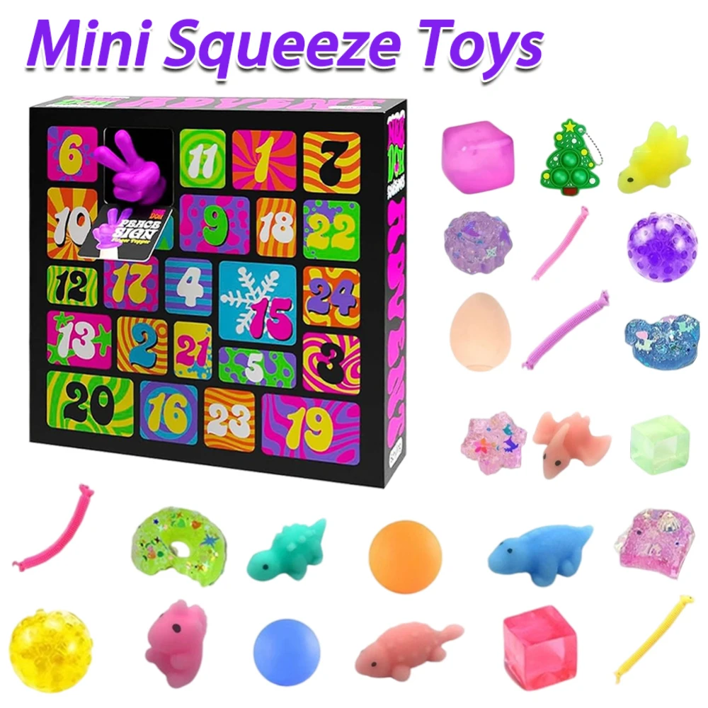 24 Days Christmas Calendar Box Mini Squeeze Toys Stress Relief Fidget Toys Colorful Sensory Toys Soft Toys Gift Box for Party