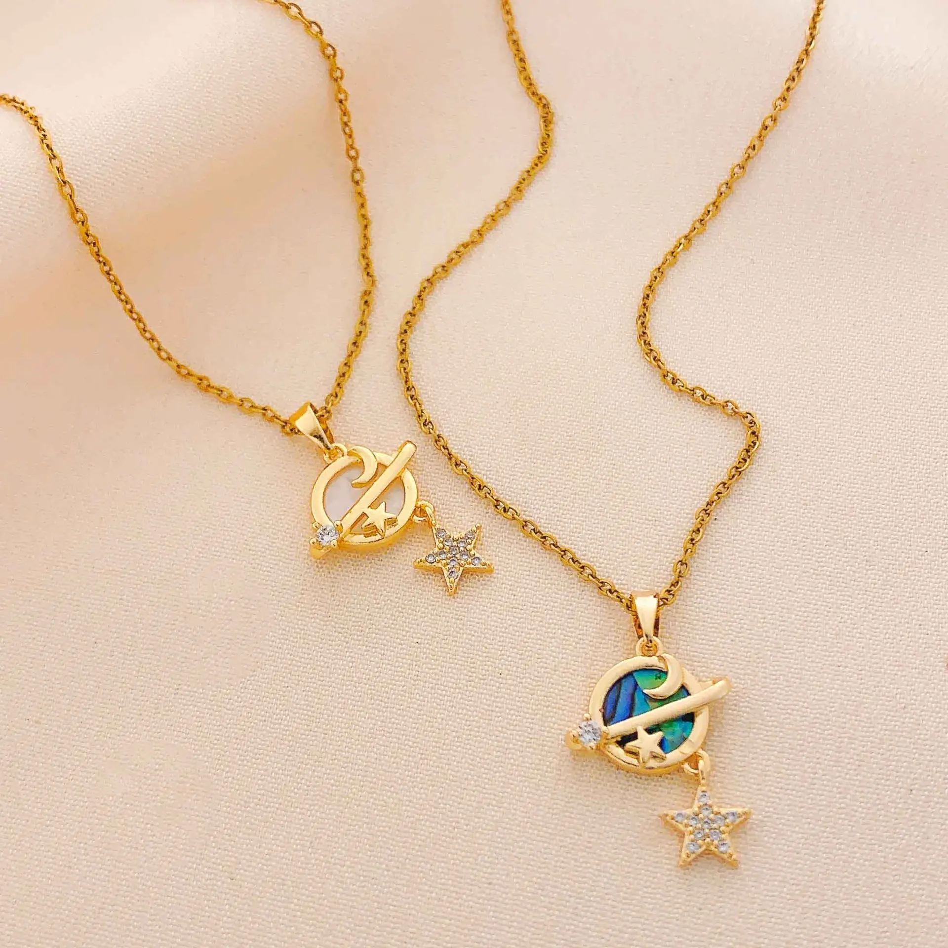

Women Planet Pendant Necklace Gold Color Zircon Titanium Steel Clavicle Chain Non-Fading Jewelry Accessory