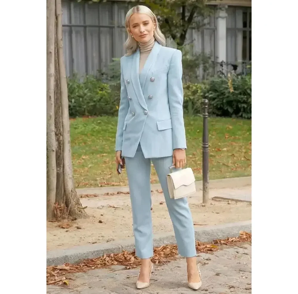 Elegant Women Suit Two Pieces Blazer+ Pants Set New Female Formal Office Lady Jacket Light Blue Outfit Custom Made Clothing