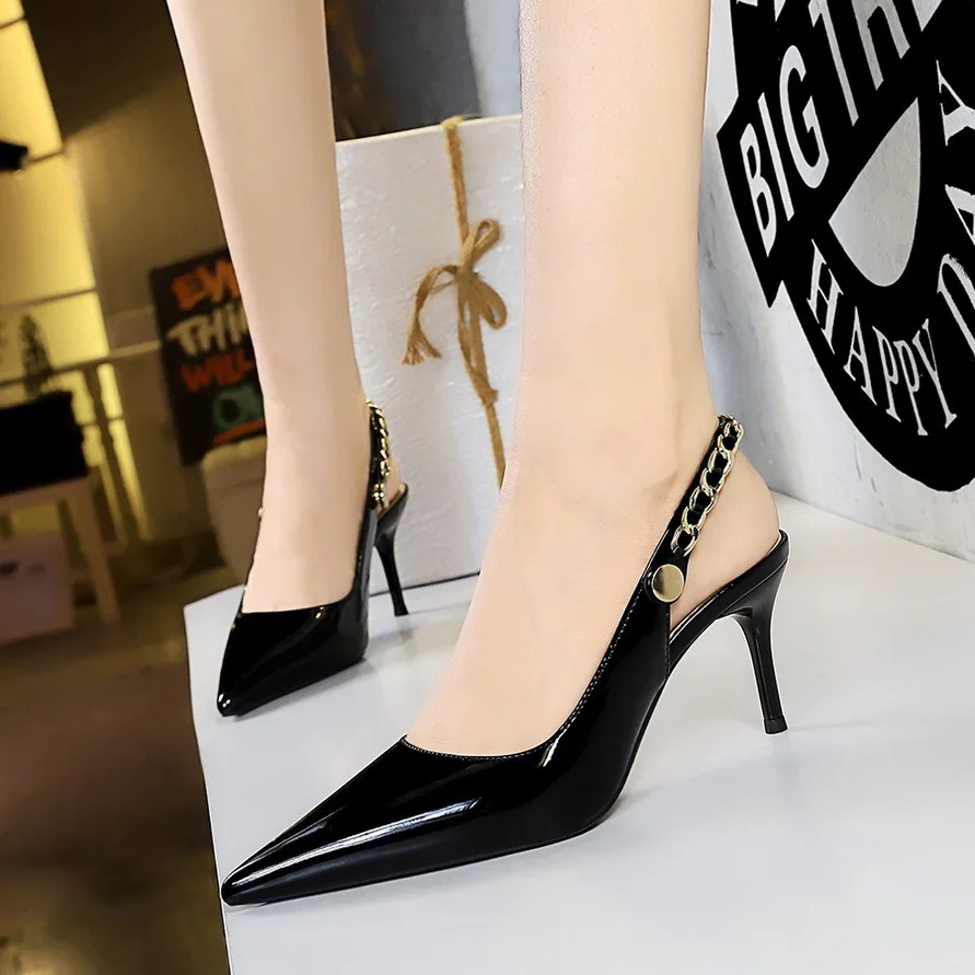 

Women's Shoes Style Banquet With Patent Leather Shallow Mouth Pointed Toe Hollowed Out Back Metal Chain Strap High Heels Pumps