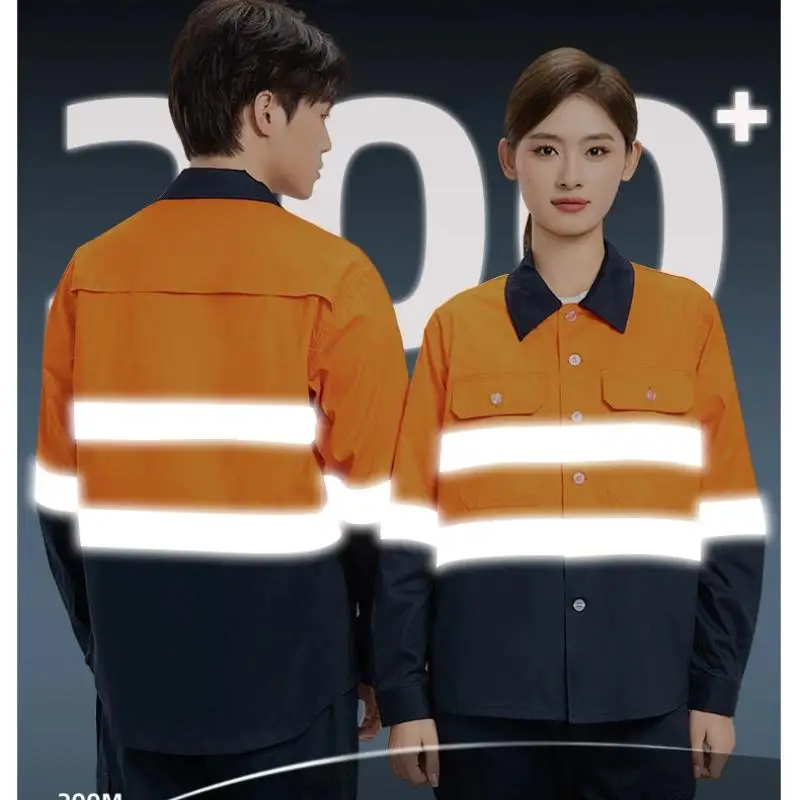 Spring Autumn Long sleeved Cotton Workshop Work Clothes for Men Customize print personalized logo Reflective strip safety coat