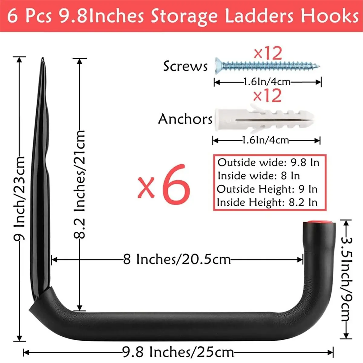 BHBL Garage Storage Ladders Hooks, 6 Pack Heavy Duty Utility Hanger, 9.8IN Wall Mount Rack Safely Holds 50 Pounds