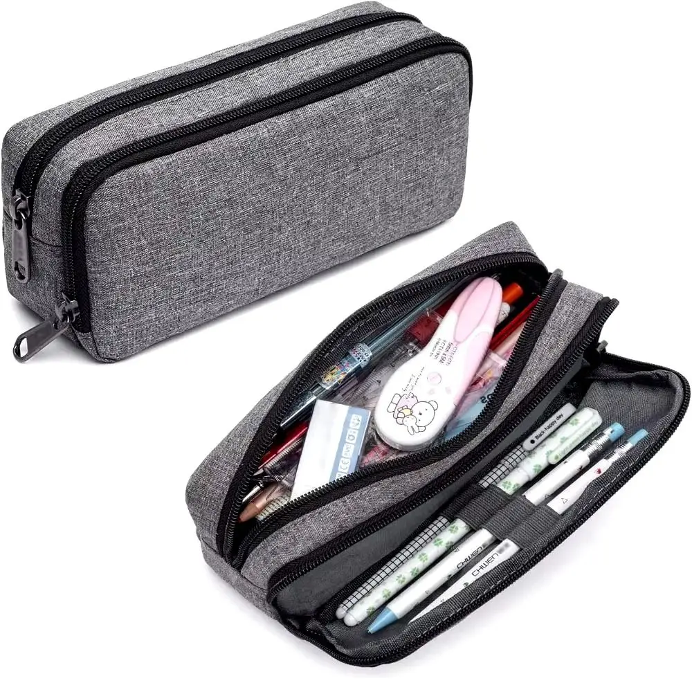 

Double Layered Portable Pen Bag Wear-resistant Large Capacity Students Pencil Case Zipper Solid Color Stationery Organizer