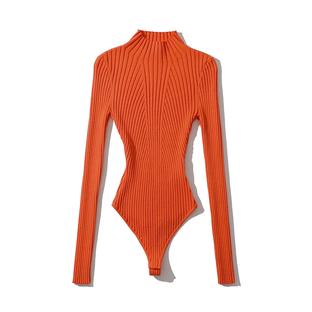 Long sleeve bodysuit fashion sexy​ ​lingerie women body knit black bodysuit bodycon body suit ribbed one-pieces sexy tops orange