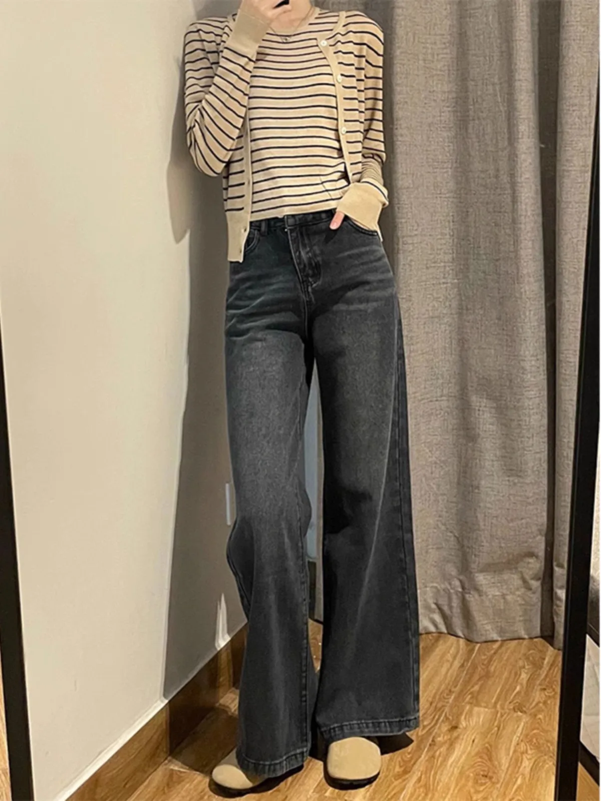 Vaqueros de pierna ancha de cintura alta para mujer, pantalones Bootcut adelgazantes de corte recto largo hasta el suelo, holgados de talla grande, para primavera y otoño