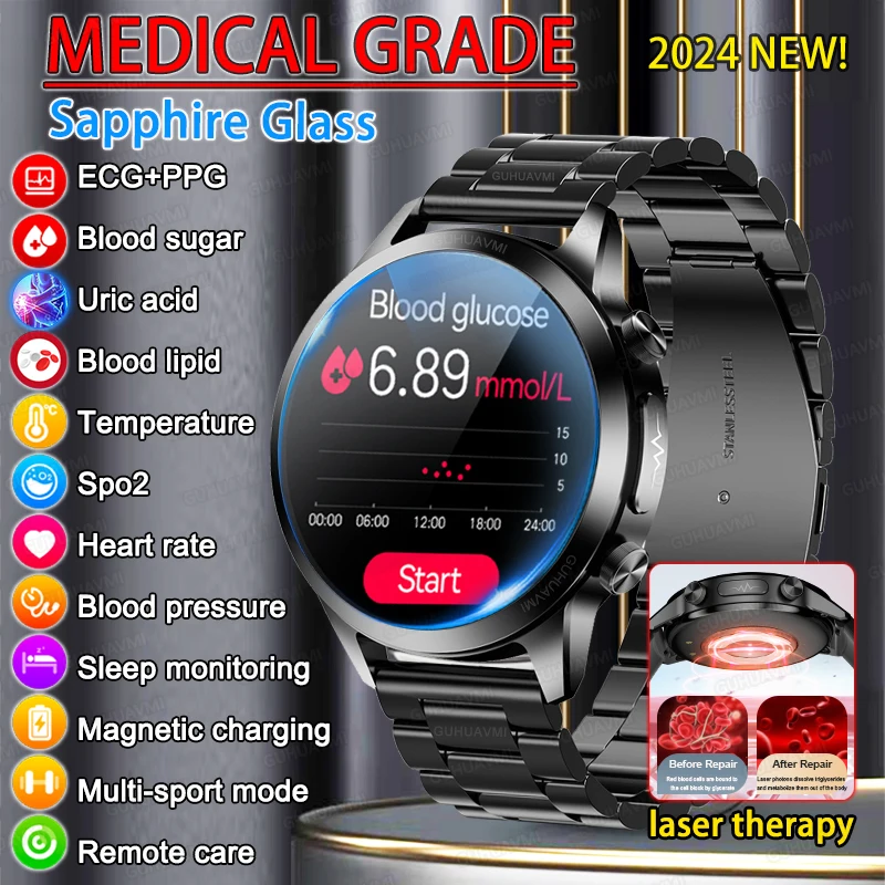 EKG ppg Smartwatch Männer Laser behandlung Gesundheit Herzfrequenz Blutzucker Gesundheit Tracker Saphirglas Smartwatch für Huawei Xiaomi