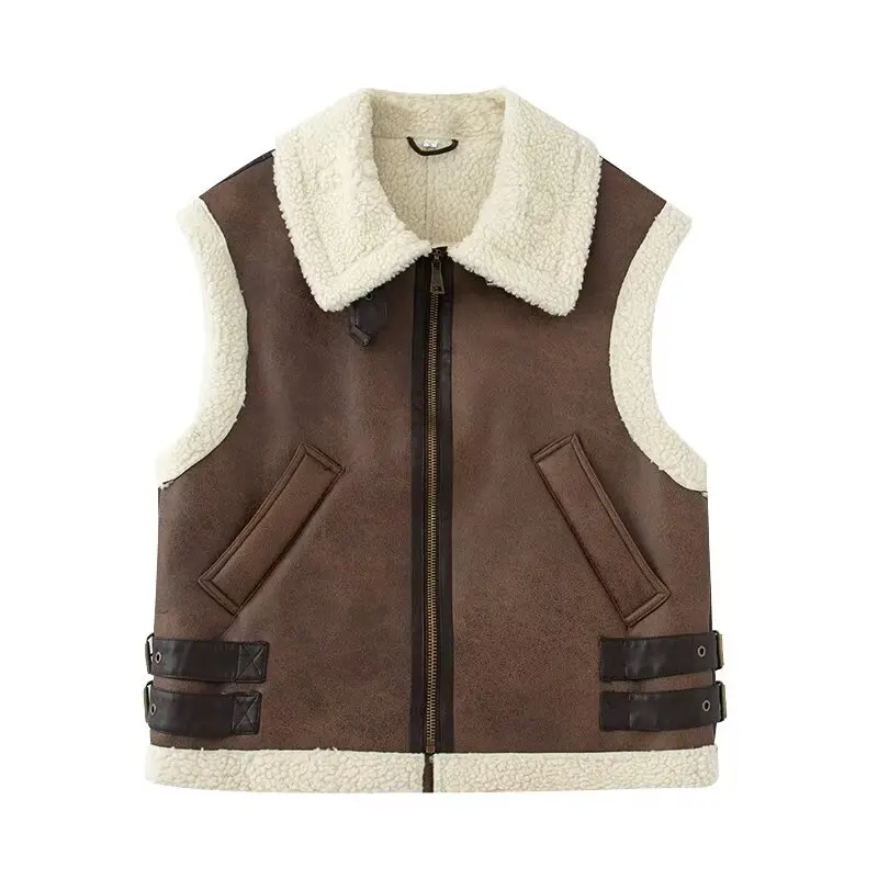 KASLEAD nouveau gilet de fourrure en cuir Faion Fce pour femmes Svel Patchwork rue Sle fermeture à glissière couleur Polyester