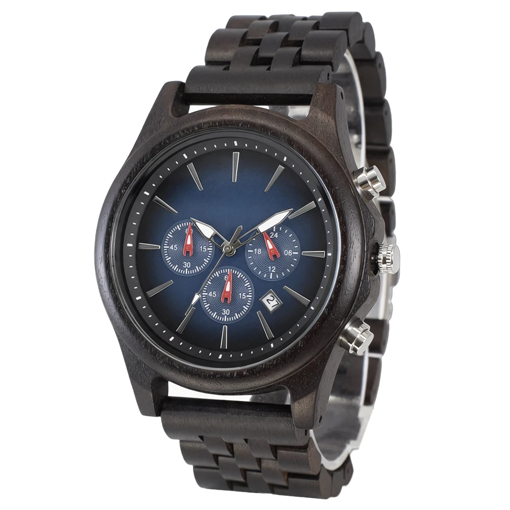 Men's Creative Multifunction Sandalwood Wood Quartz Watch with Calendar Luminous and Round Fold Clasp