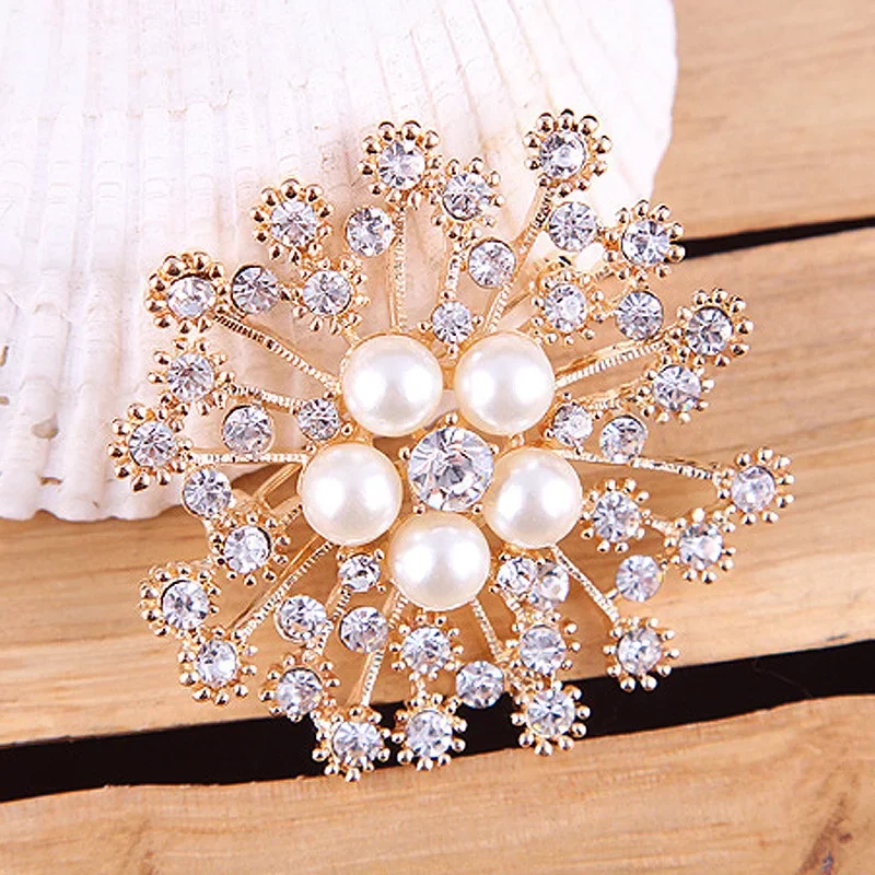 Fashion Joker Handmade Crystal Colored Diamond Full Diamond Flower Big Pearl Brooch Clothing Coat Decoration Supplies
