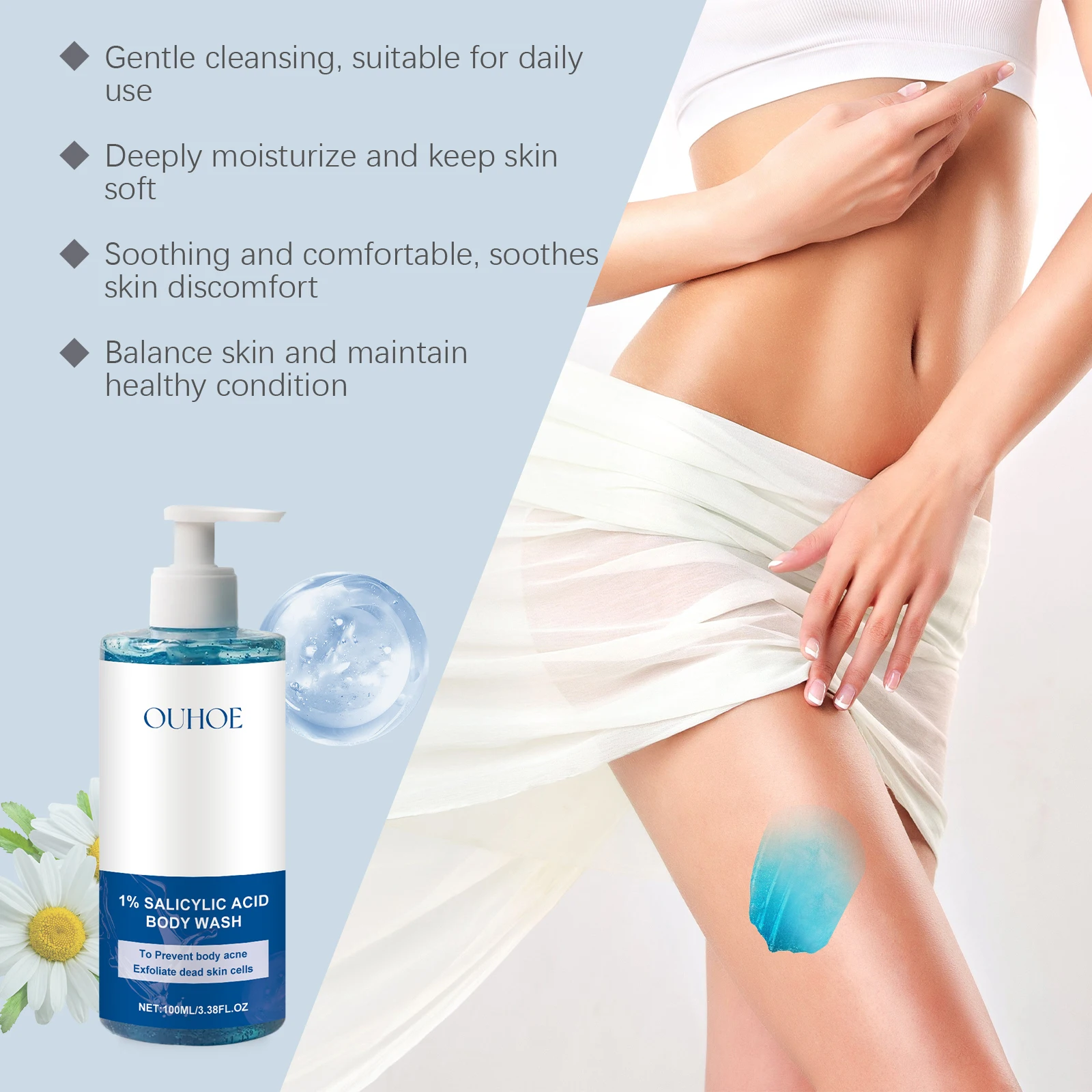 OUHOE 100 مل جل الاستحمام بحمض الساليسيليك لتنظيف المسام بعمق ويزيل خلايا الجلد الميت يجعل البشرة أكثر سلاسة وناعمة والانسداد