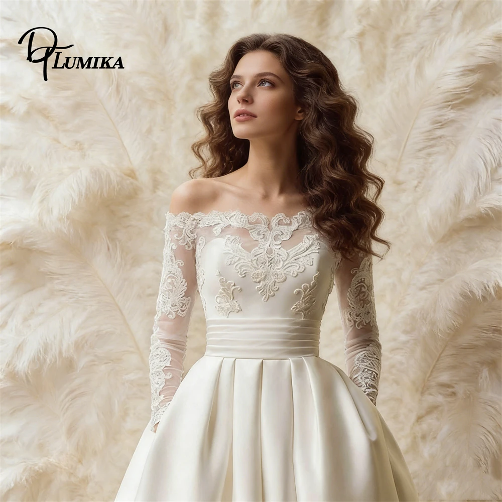 

Modern Wedding Dress for Bride 2026 Off the Shoulder Lace Full Sleeves Bridal Gown with Pocket A Line Bridal Gown Tailored Fit