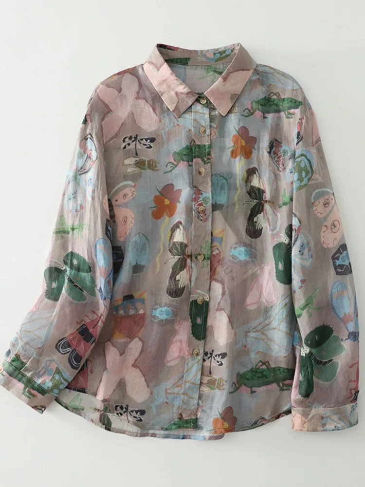 Elegant Age-Defying Hand-Painted Print Linen Shirt Women's Long Sleeve Autumn Outerwear Beautiful Young Looking Top