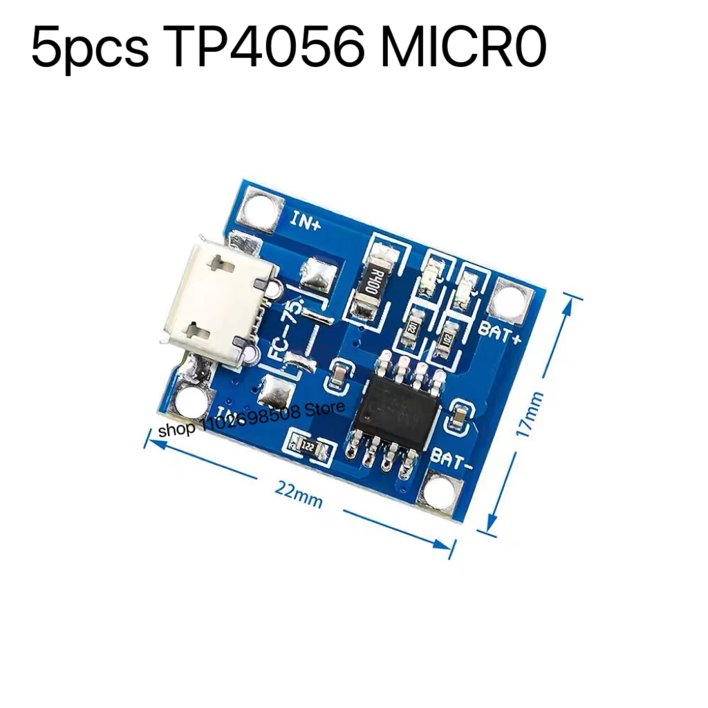 Lithium battery charging module, 5 pieces, 5V, 1A, Micro/Type-C/Mini 18650, TP4056, with protection, dual function, 1A, lithium-