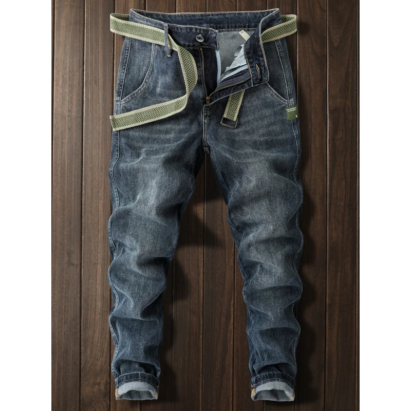 

Осенние новые джинсы, мужская версия, эластичные маленькие ноги, модные трендовые длинные брюки высокого класса с поясом