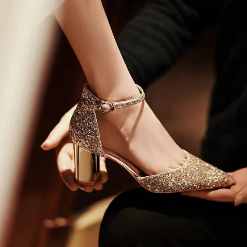 Women Rhinestone High Heels Sandals Cross-Tied Buckle Straps Heeled Shoes Woman Crystal Party Wedding Pumps Glitter Footwears