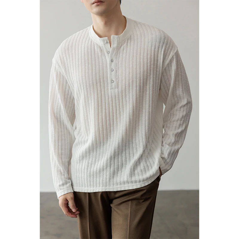 Autumn Casual Henry Collar Solid Color Loose Long Sleeved T-shirt for Men Casual Business Tshirts Versatile Social Base Shirt