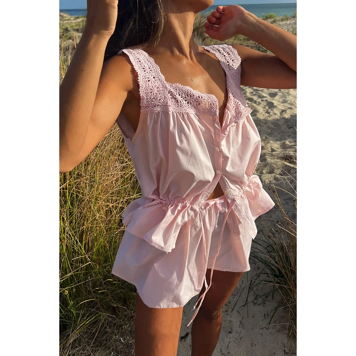 

Combhasaki Women Summer 2Piece Outfits Set Floral Lace Patchwork Button Ruffle Drawstring Tank Top+Elastic Waist Wide Leg Shorts